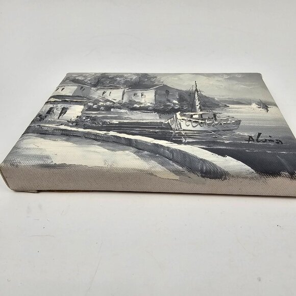 Vintage Painting Canvas Signed Small Water Scene Harbor Boat Landscape Grayscale - Picture 3 of 10